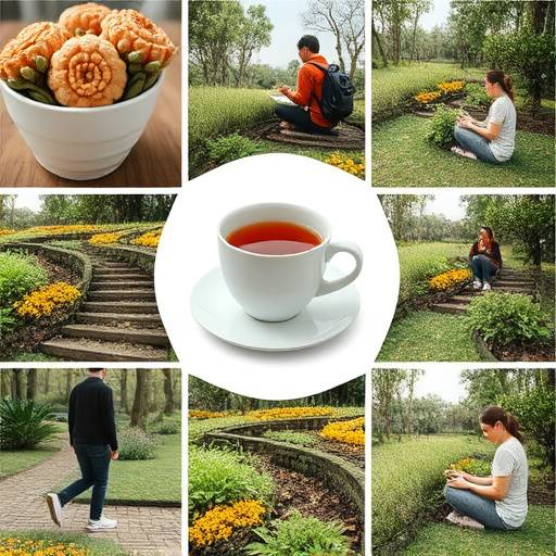 Montage of everyday activities being done mindfully, such as drinking tea, walking, and working