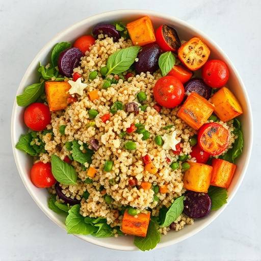 Overhead view of a bowl of vibrant quinoa salad with colorful roasted vegetables