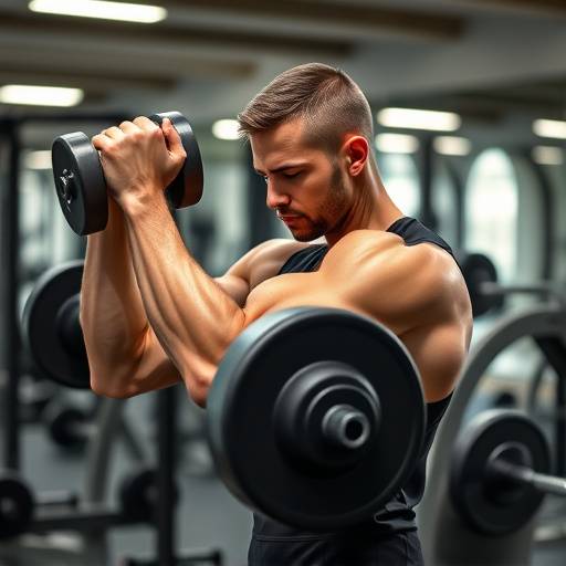 Person lifting weights in a modern gym, demonstrating a bicep curl with proper form
