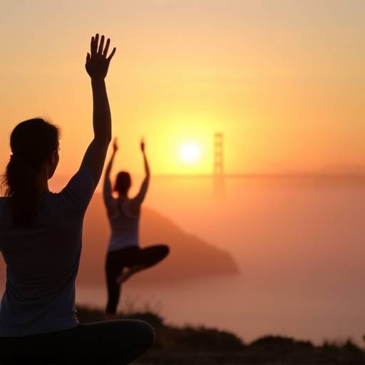 Person practicing yoga at sunrise with the Golden Gate Bridge in the background, emphasizing the connection between mindfulness and place